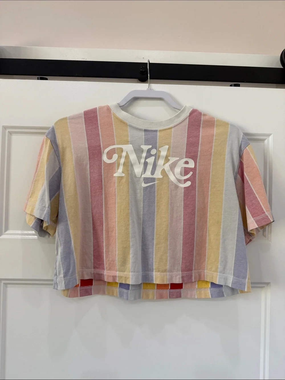 Nike Women’s Pastel Vertical Stripe Cropped Tee - Pink, Yellow, Blue